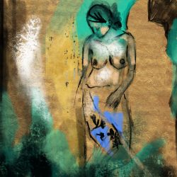 Blue Skirt — She stands between silence and color, half fading, half becoming. The gold holds her like a memory, while the blue tries to name what can’t be said. It’s a moment of stillness — fragile, honest, and unfinished.