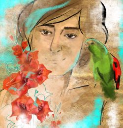 Self Portrait with Parrot — It was a single day. The parrot came to my balcony and stayed with me, as if we already knew each other. No words, no reason — just quiet company under the same light. And then it left, carrying a small piece of calm I hadn’t realized I needed.